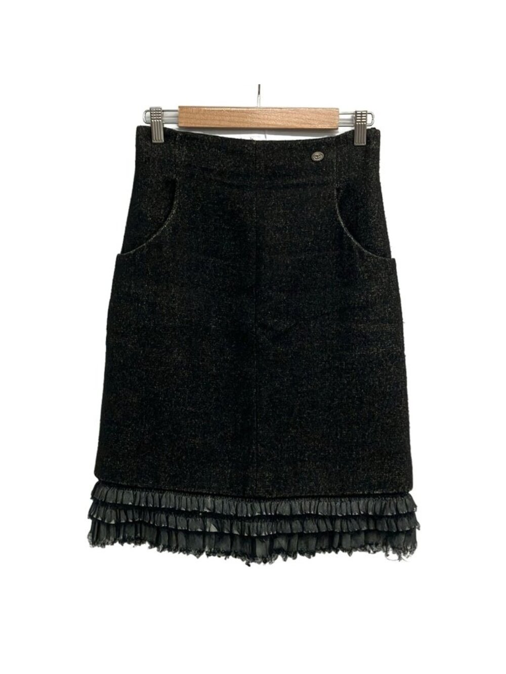 Chanel Skirt M Black Light Gray Knee-Length Linen Cashmere Tulle Ruffles